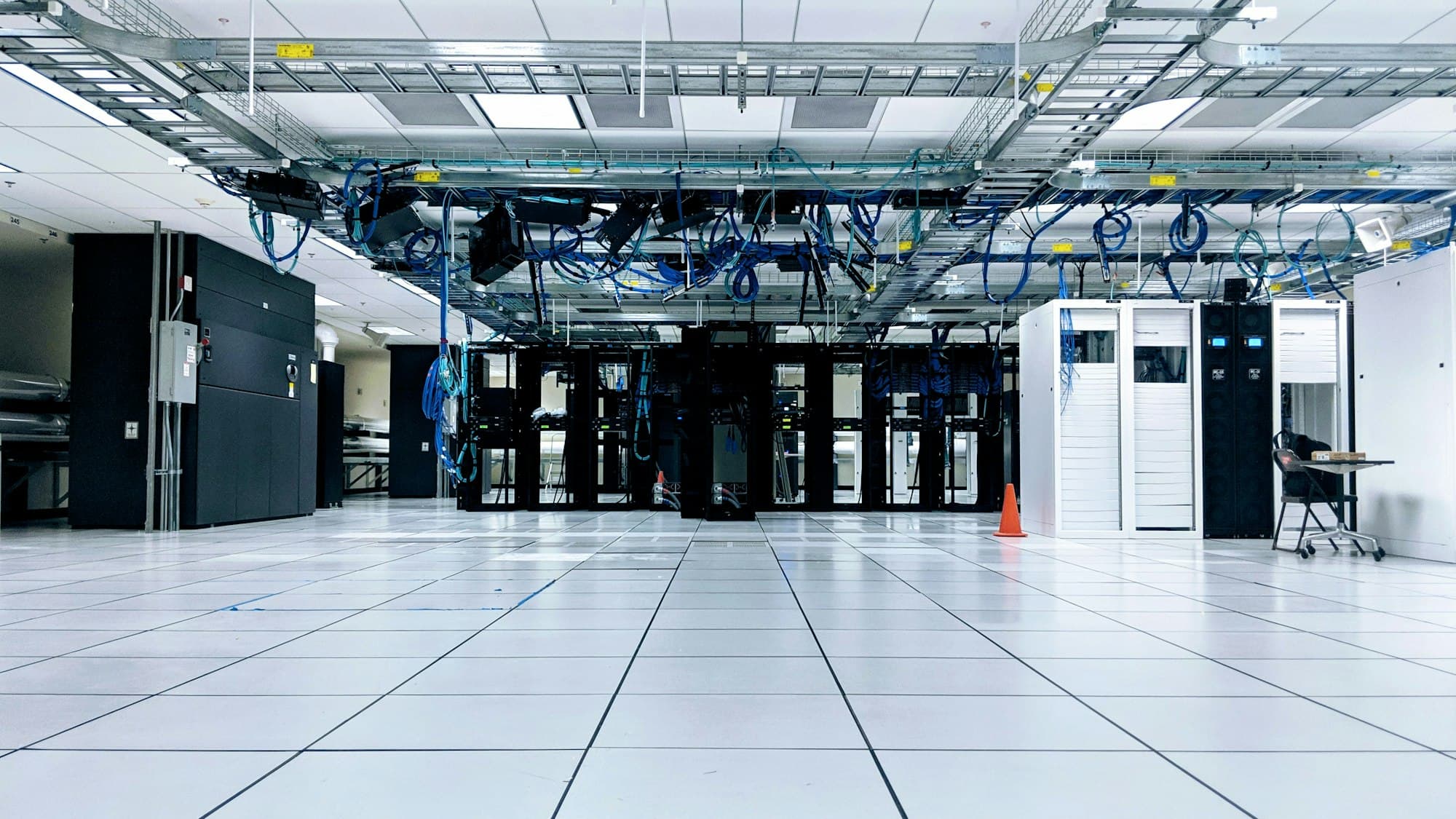 Technical hall of a data centre with server racks